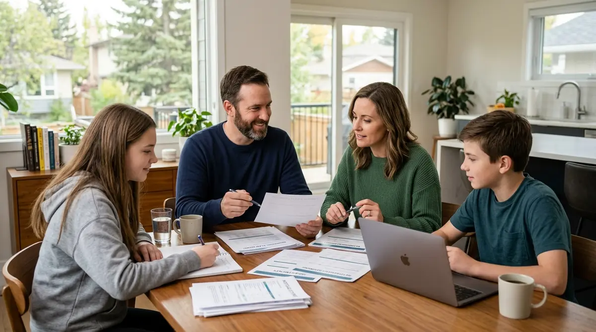 A family discussing financial documents around a dining table in a Calgary home