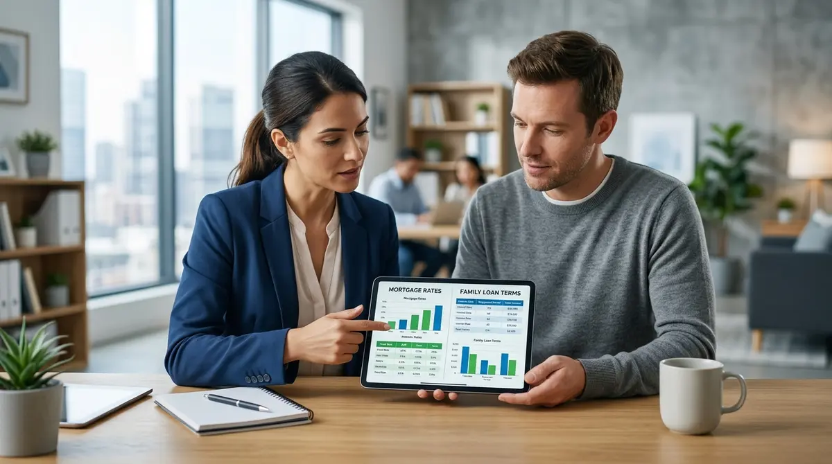 A side-by-side comparison chart of mortgage rates and family loan terms on a digital tablet