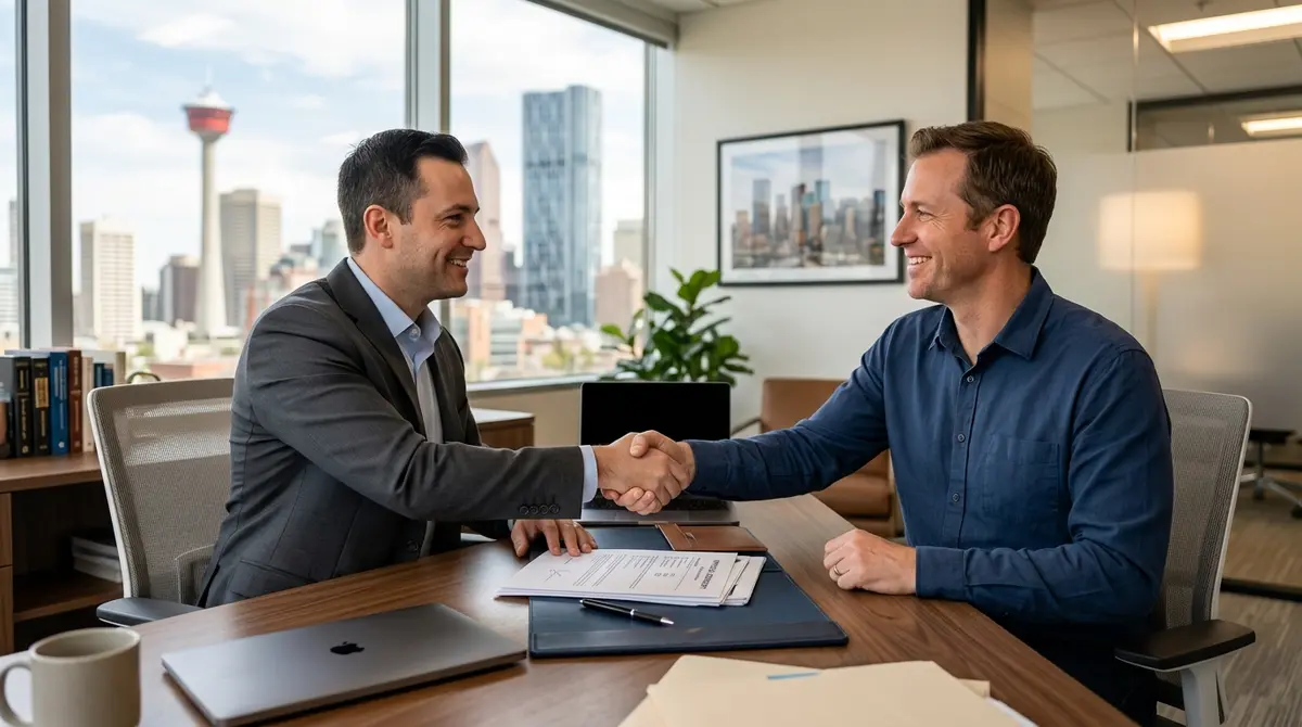 A Calgary homeowner shaking hands with a mortgage broker after signing loan documents