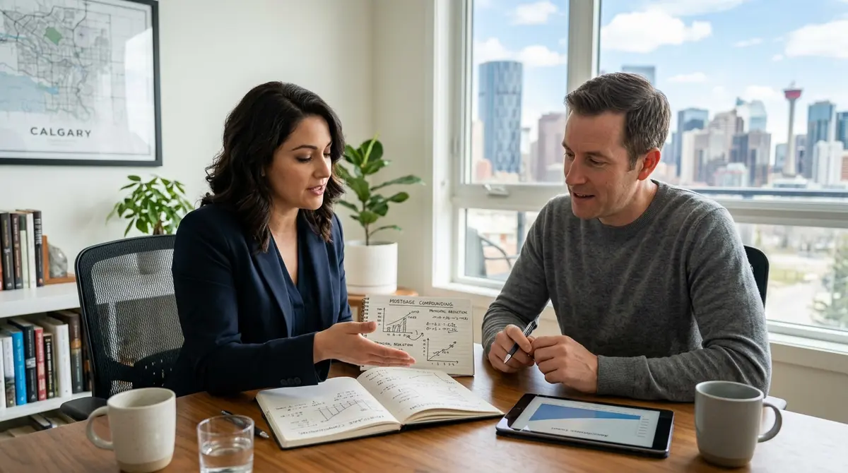 Financial advisor explaining mortgage compounding and principal reduction to a Calgary homeowner