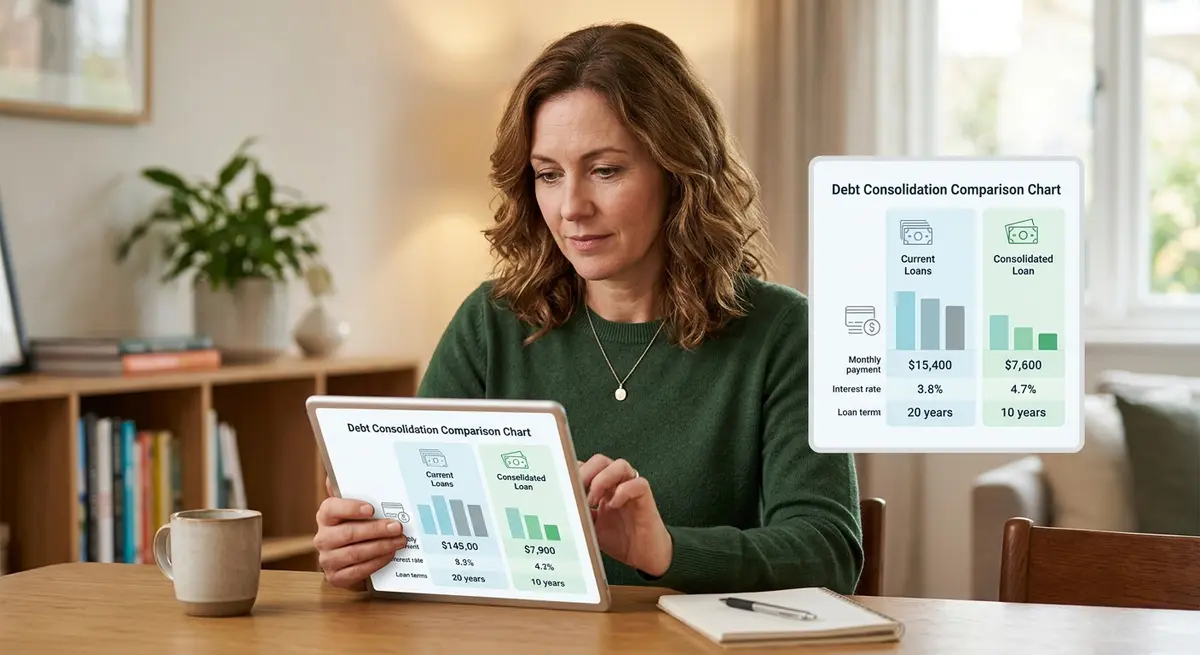 Homeowner reviewing a debt consolidation comparison chart on a tablet