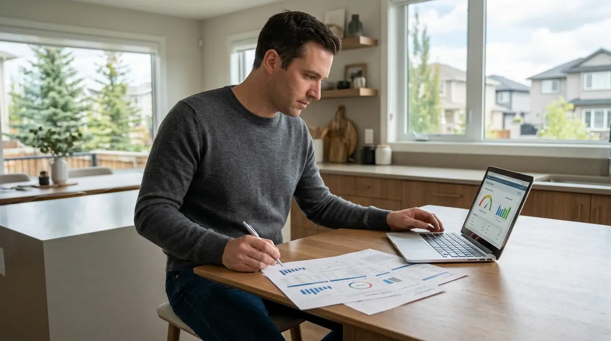 A Calgary homeowner reviewing credit reports and financial documents to rebuild their score after a foreclosure