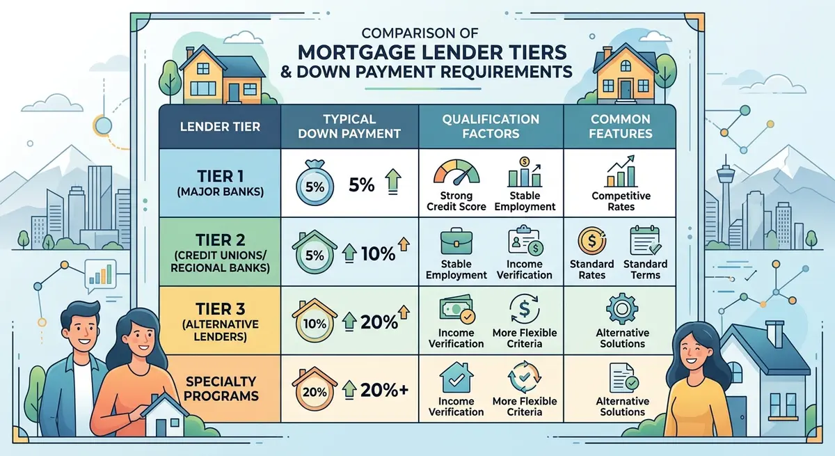 A comparison chart showing different mortgage lender tiers and down payment requirements in Calgary