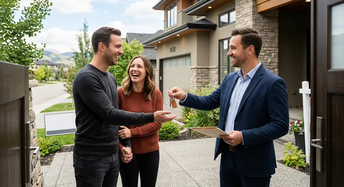 A Calgary real estate agent handing keys to a happy couple who successfully purchased a home after rebuilding their credit
