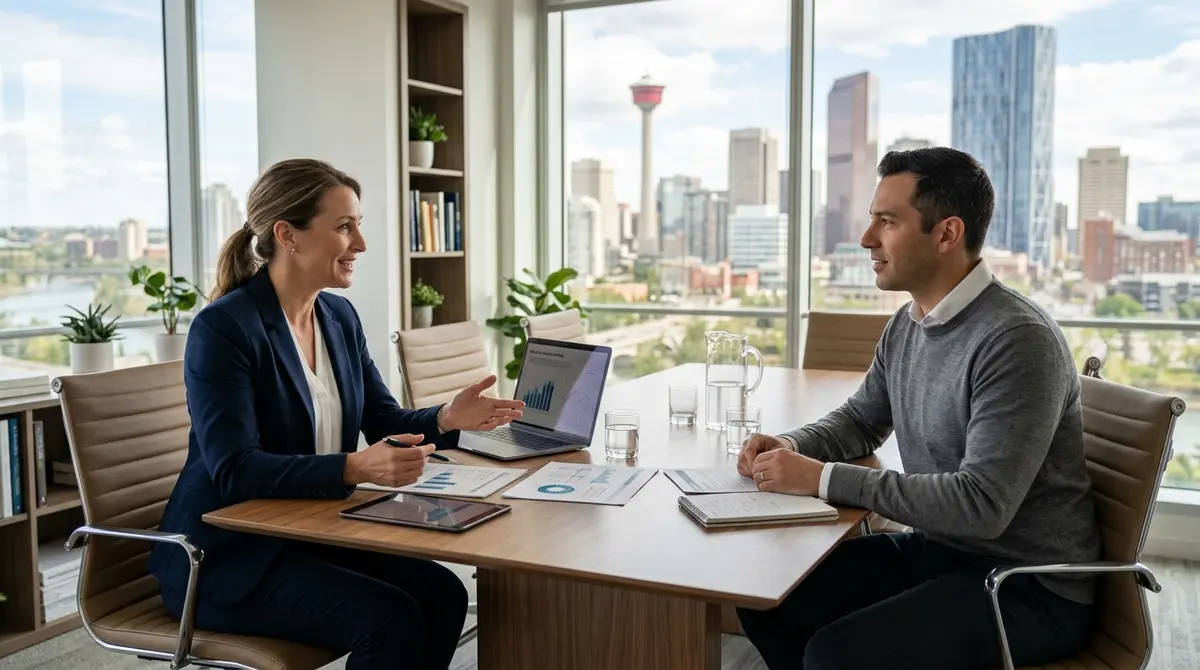 A financial advisor discussing securities-backed lending options with a Calgary homeowner in a modern office