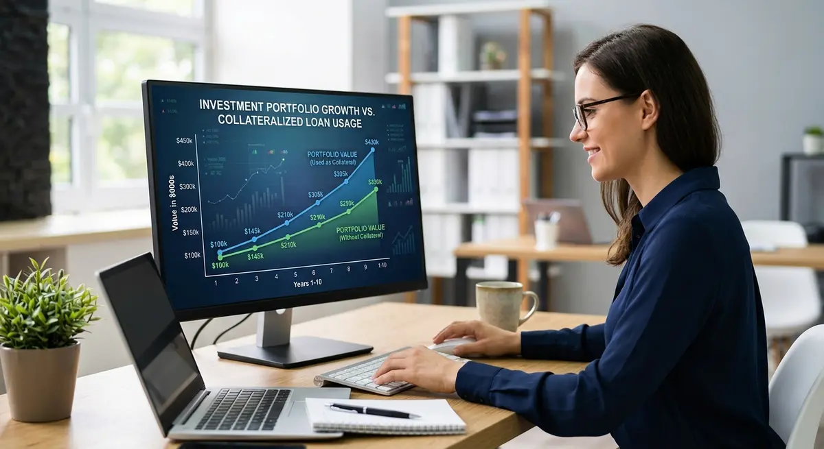 A comparison chart showing the growth of an investment portfolio while being used as collateral for a loan