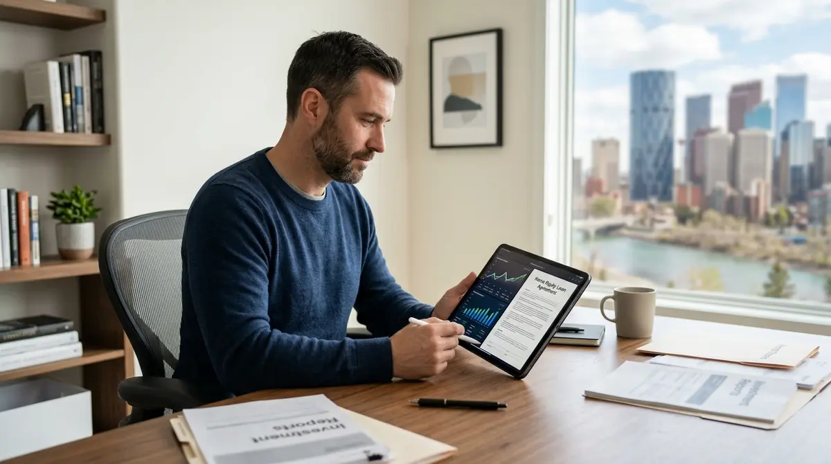 A Calgary homeowner reviewing loan documents and investment statements on a tablet