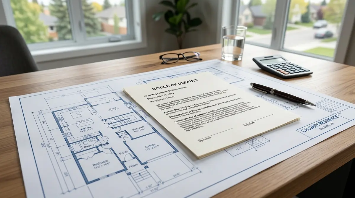 A legal document showing a Notice of Default on top of a Calgary property blueprint