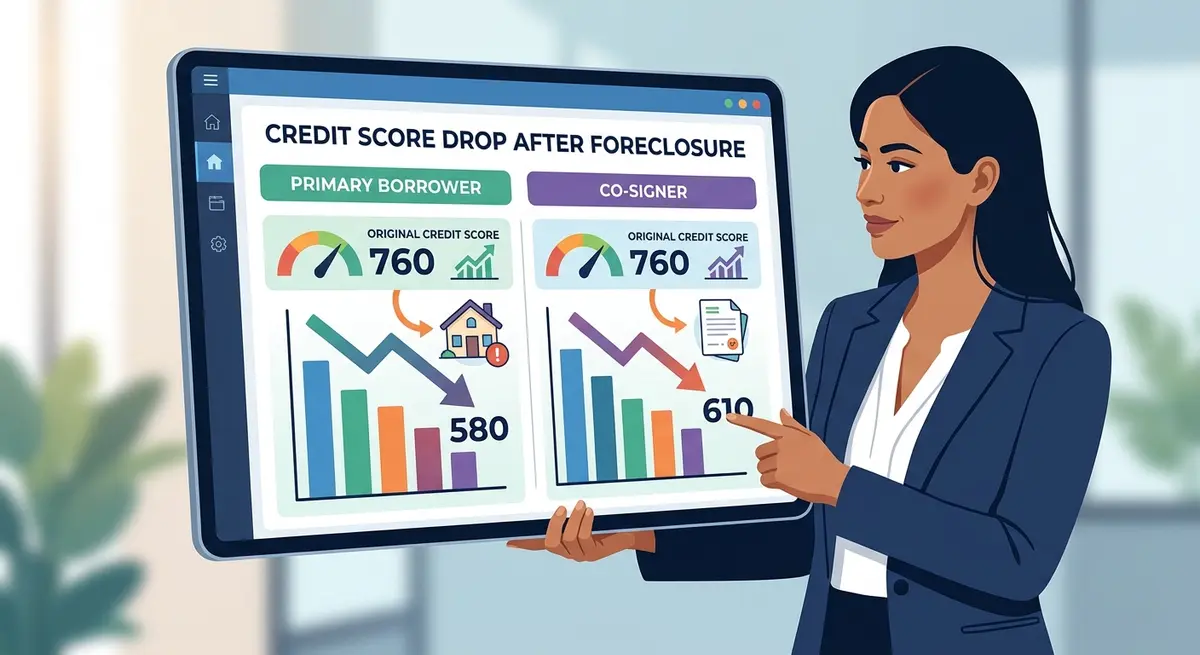 A comparison chart showing the credit score drop for primary borrowers versus co-signers after a foreclosure