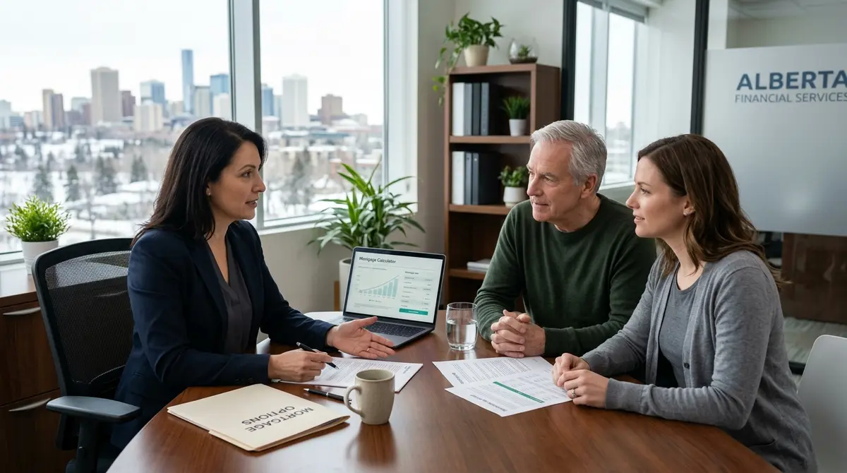A co-signer consulting with a financial advisor about mortgage refinancing options in an Alberta office