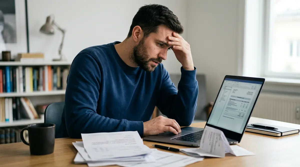 Person looking stressed at a laptop reviewing credit report damage and legal fees