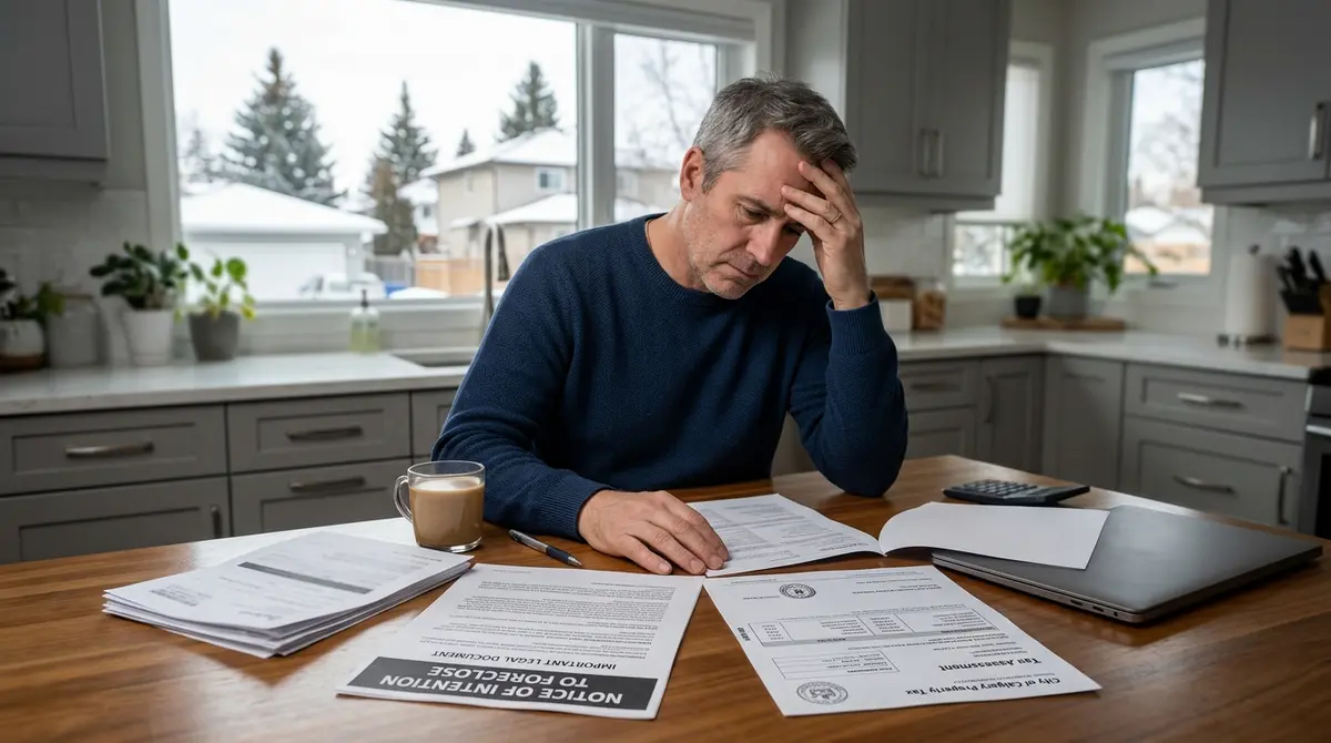 A Calgary homeowner reviewing tax documents and a foreclosure notice at their kitchen table