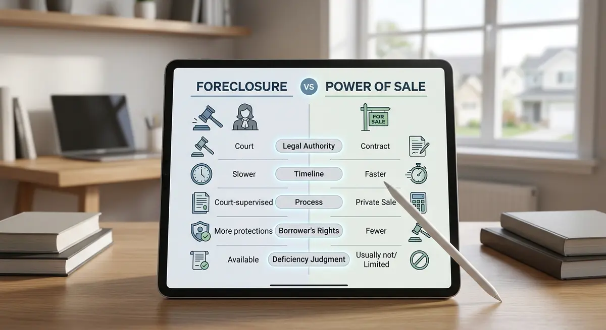 A comparison chart showing the legal differences between foreclosure and power of sale in Canada