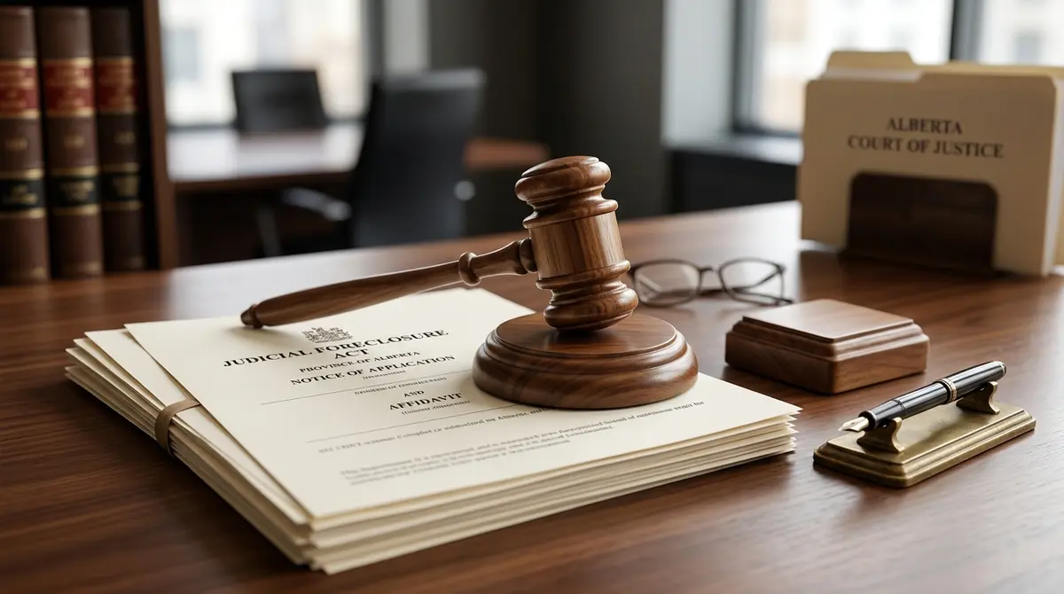 Legal documents and a gavel representing the judicial foreclosure process in Alberta