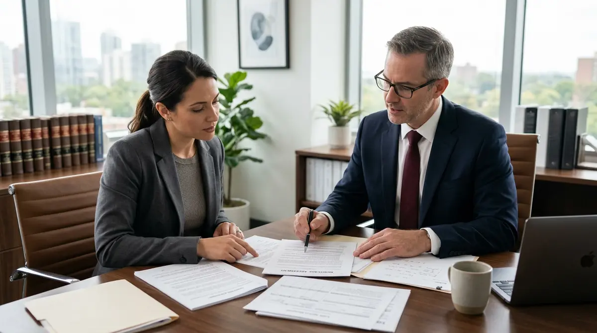 A homeowner consulting with a legal professional to review mortgage documents and financial statements