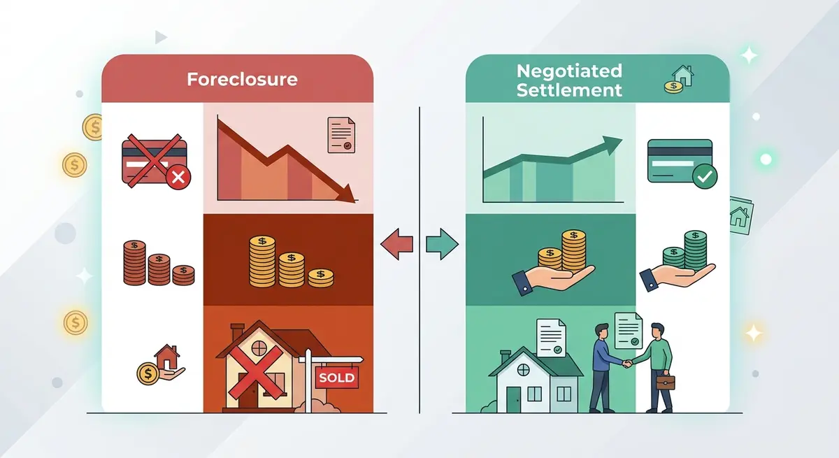 A comparison chart showing the long-term financial impact of foreclosure versus negotiated settlement