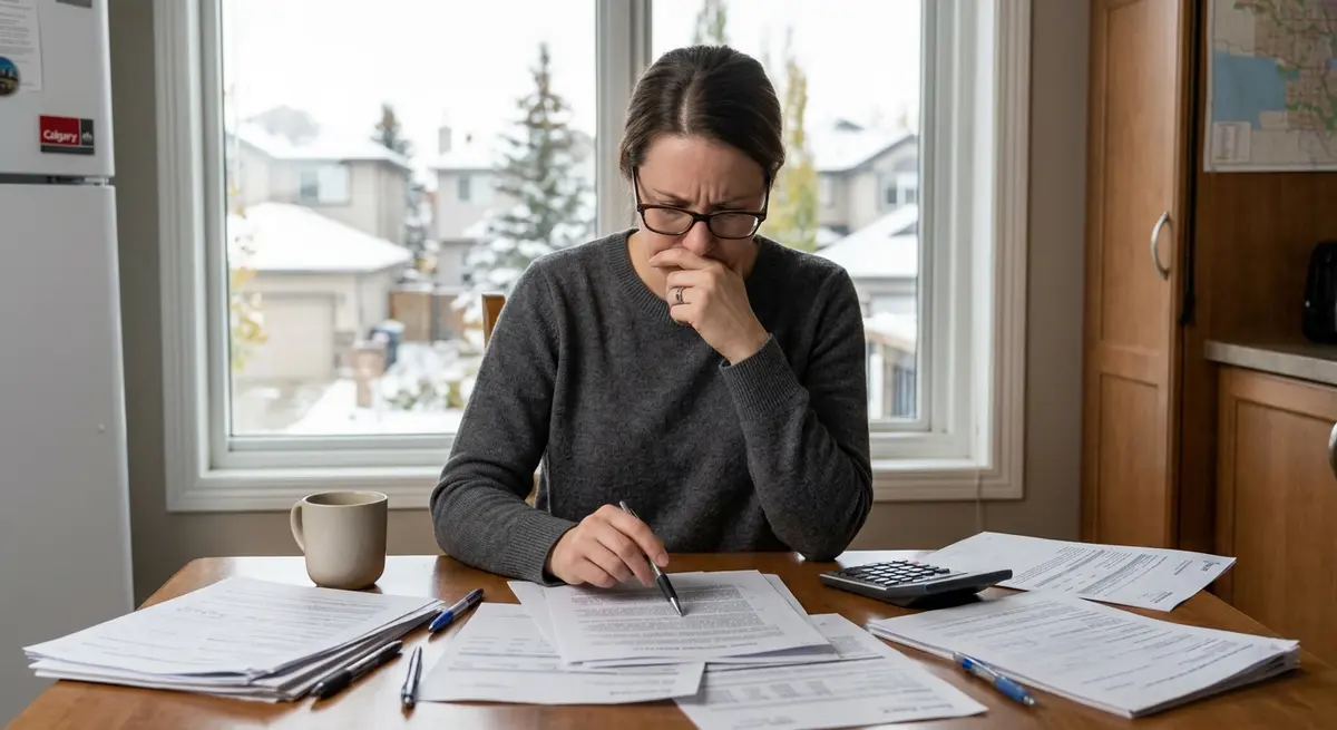 A distressed homeowner reviewing suspicious mortgage documents at a kitchen table in Calgary