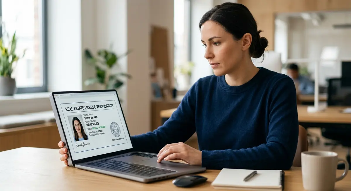 A close-up of a person verifying a real estate license on a laptop screen