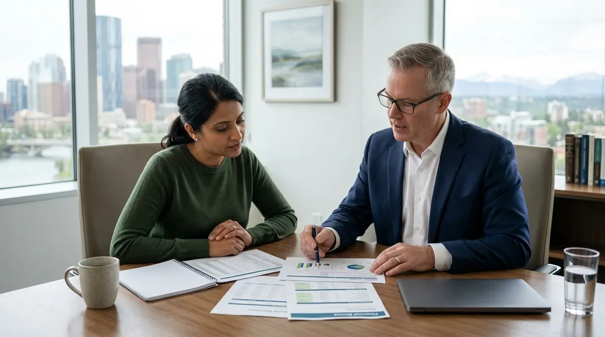 A homeowner and a legal mediator reviewing financial documents at a conference table in Alberta