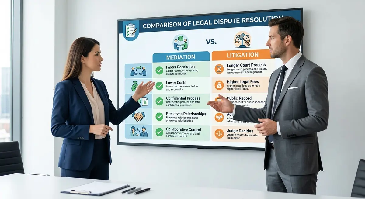 Comparison chart showing the benefits of mediation versus traditional litigation in Alberta