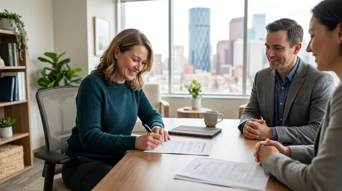 A homeowner successfully signing a mediation agreement to save their property in Calgary