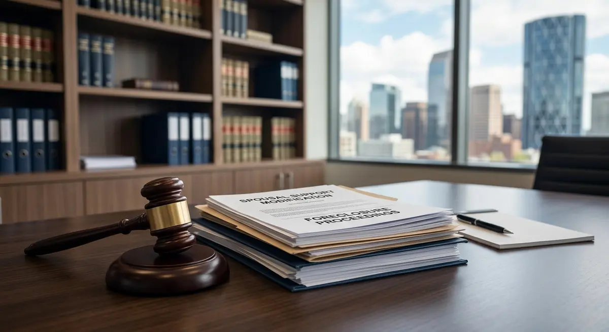 Legal documents and a gavel representing spousal support modification during foreclosure in Calgary