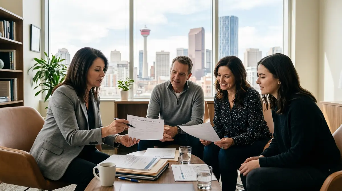 Family reviewing estate planning and mortgage documents with a financial advisor in Calgary