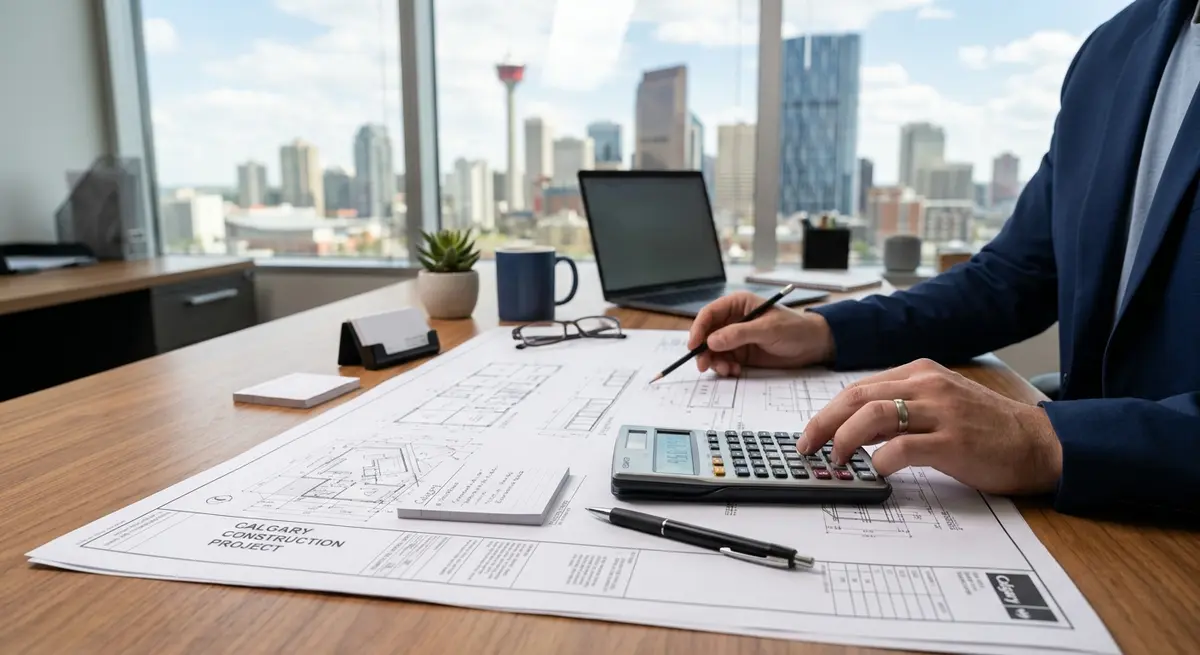 Architectural blueprints and a calculator on a desk representing Calgary construction financing planning