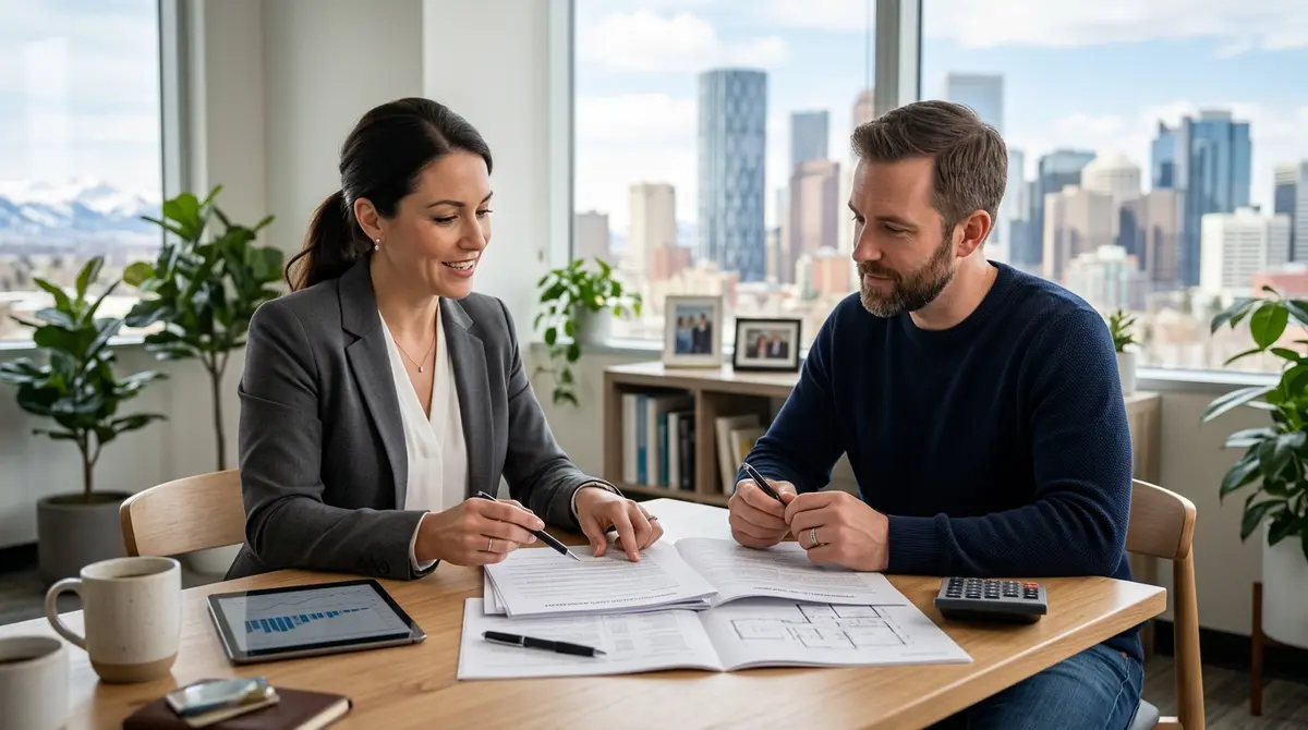 Financial advisor reviewing construction loan documents with a Calgary homeowner
