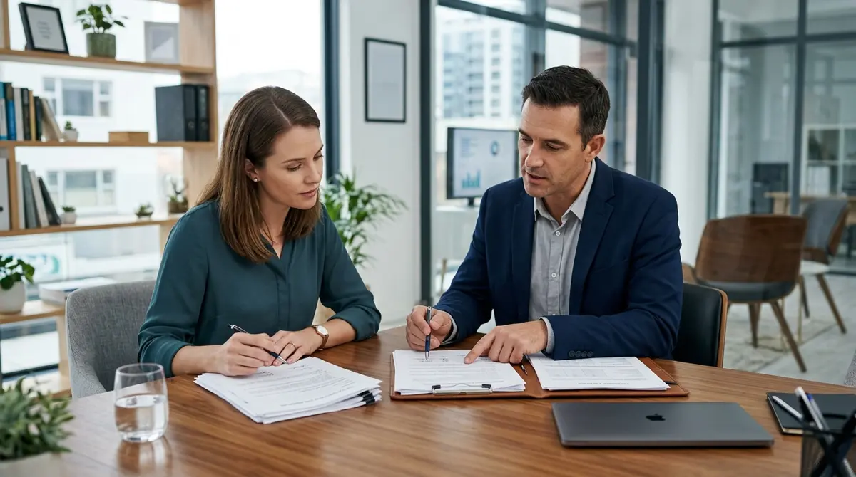 A homeowner reviewing legal documents with a financial advisor in a modern office setting