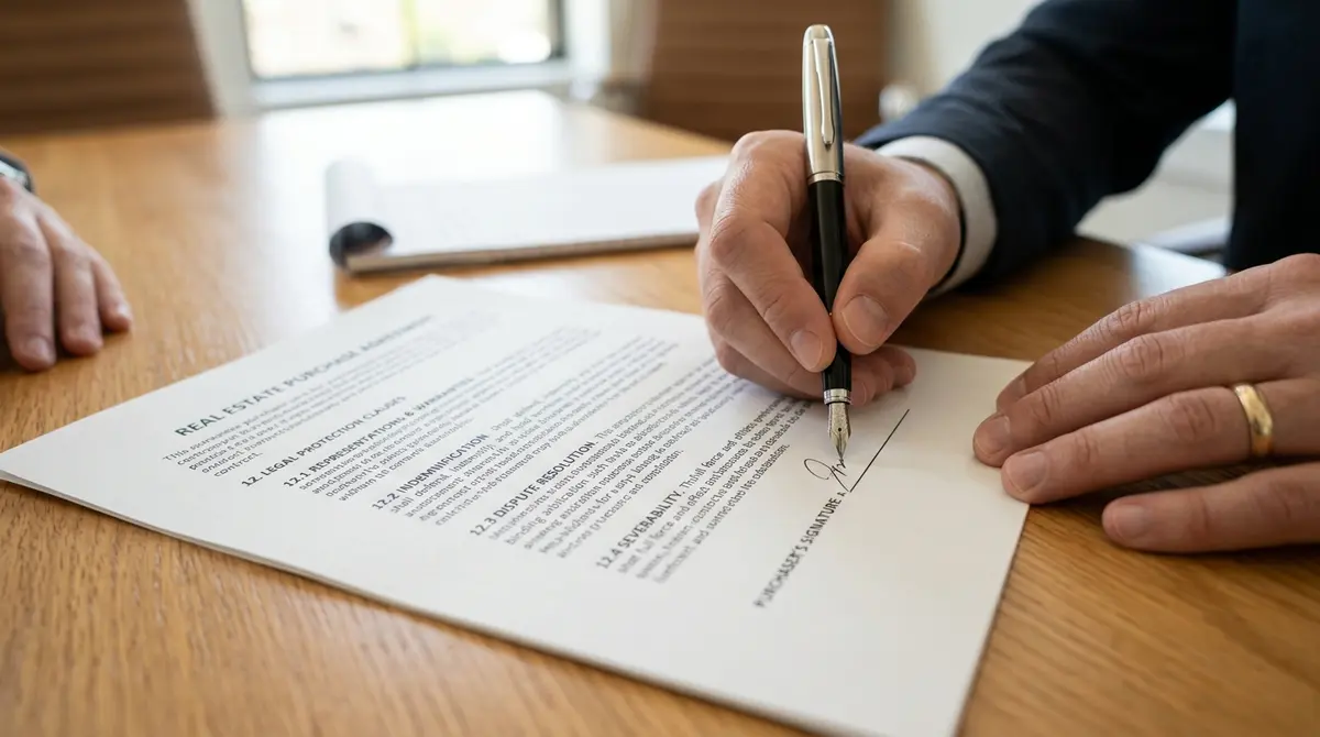 Close up of a real estate contract being signed with a pen, highlighting the legal protection clauses