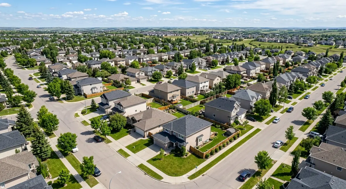 A residential neighborhood in Alberta showing property boundaries and housing structures