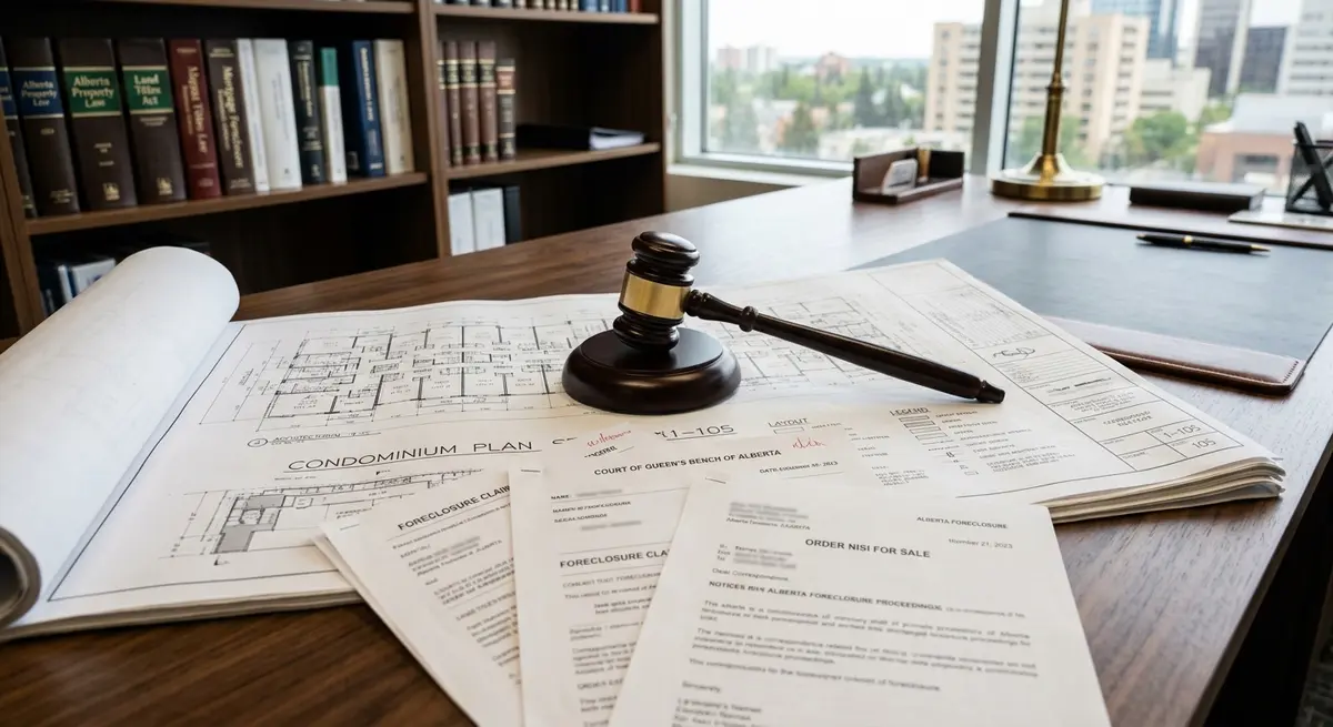 A legal gavel resting on condominium blueprints and foreclosure documents in an Alberta law office