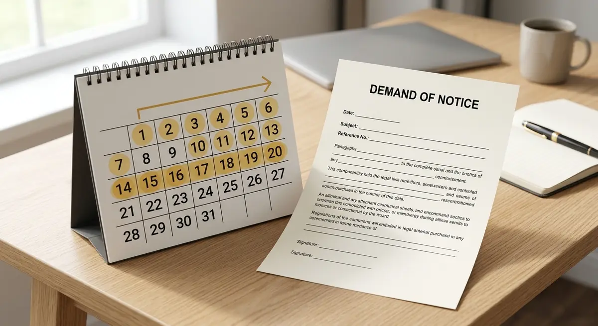 A calendar highlighting a 20-day legal response window next to a Demand of Notice form