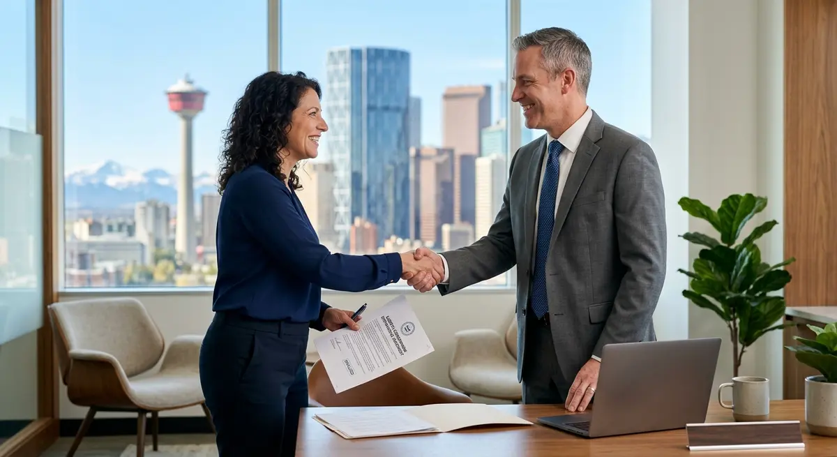 A homeowner shaking hands with a financial advisor after successfully refinancing their Alberta condominium