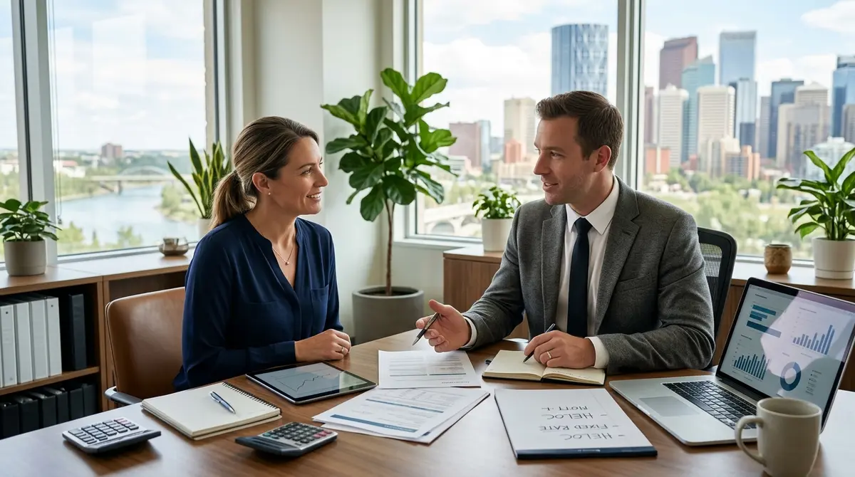 A Calgary homeowner consulting with a mortgage advisor about home equity lines of credit and fixed rate loans