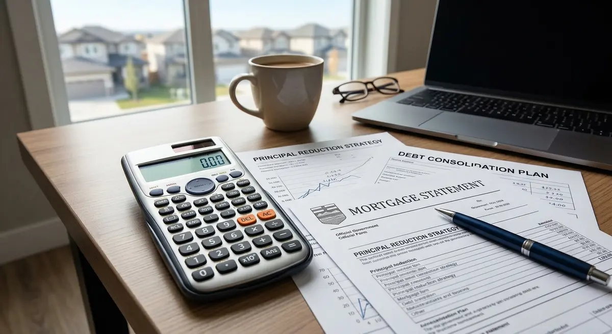A calculator and mortgage documents showing debt consolidation and principal reduction strategies for Alberta homeowners