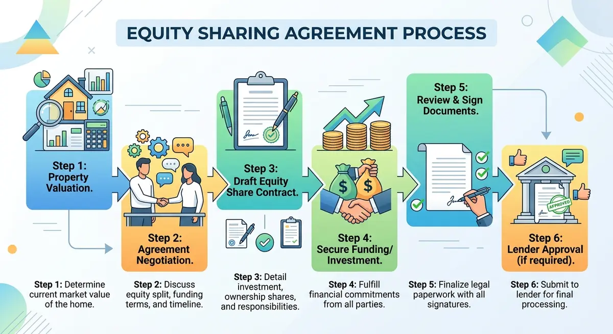 A step-by-step flowchart showing the process of setting up an equity sharing agreement from property valuation to lender approval