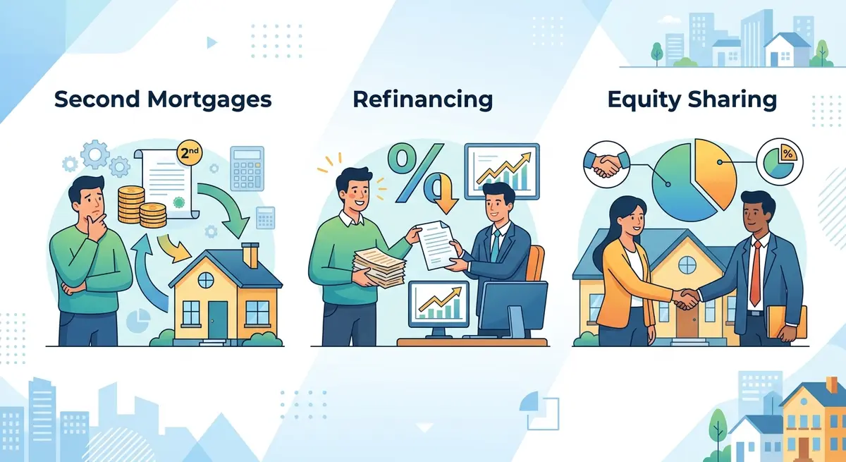 Comparison chart showing alternative foreclosure prevention strategies including second mortgages, refinancing, and equity sharing