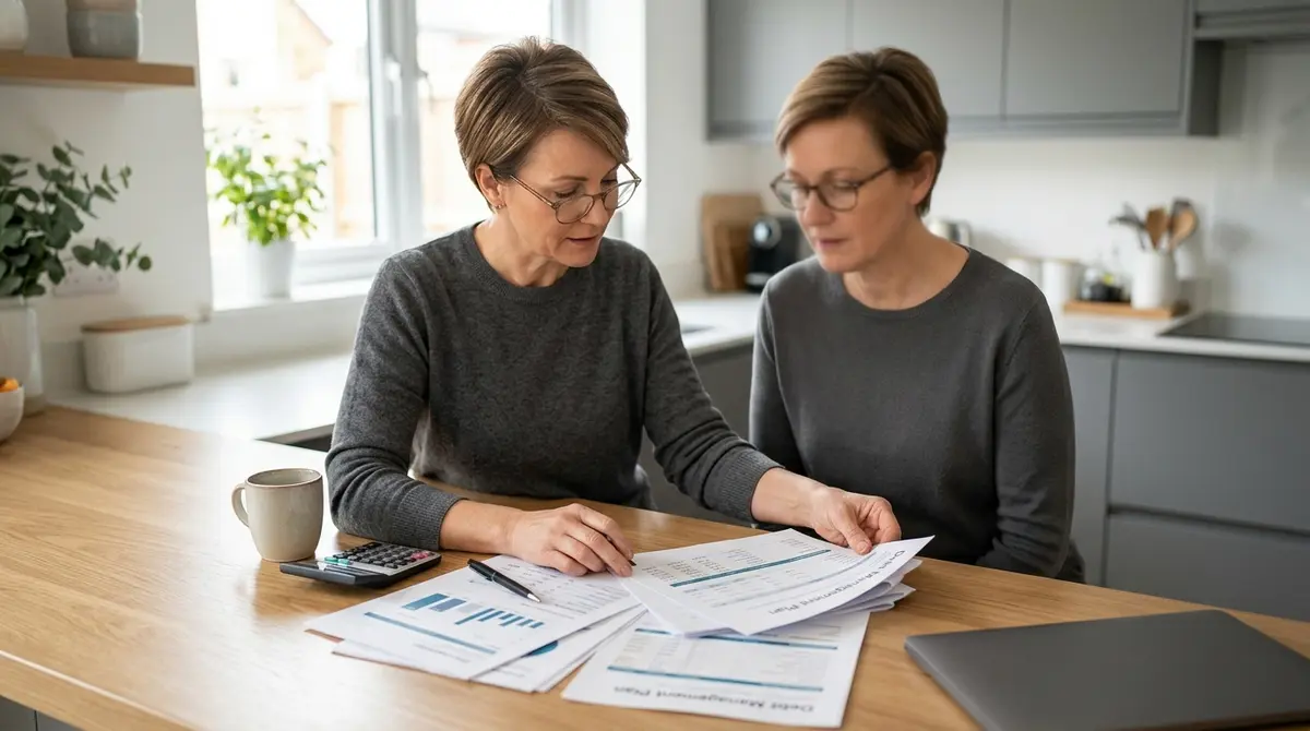 A homeowner reviewing financial documents and debt consolidation plans at a kitchen table