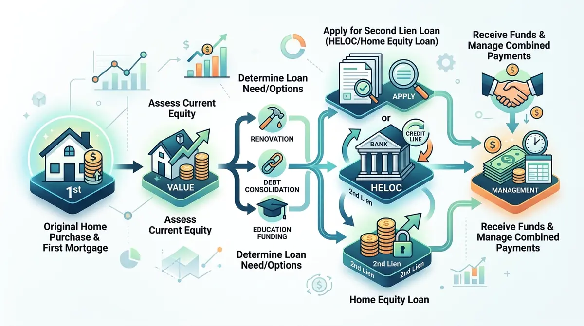 Flowchart illustrating the step-by-step process of layered home equity financing