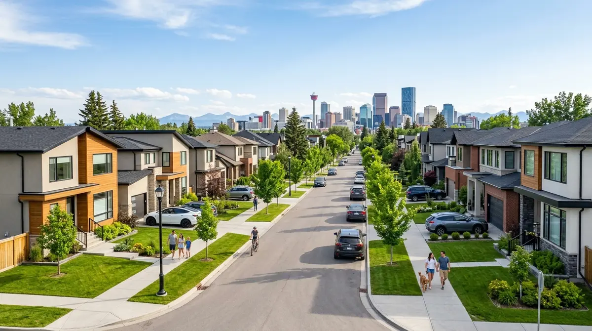 A modern Calgary neighborhood showcasing steady real estate value growth in 2026