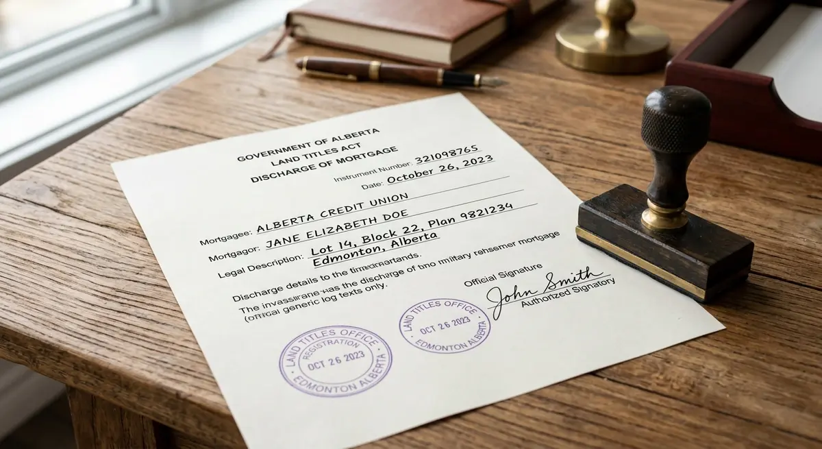 A close-up of an Alberta Land Titles Office Discharge of Mortgage document resting on a wooden desk next to a legal stamp.