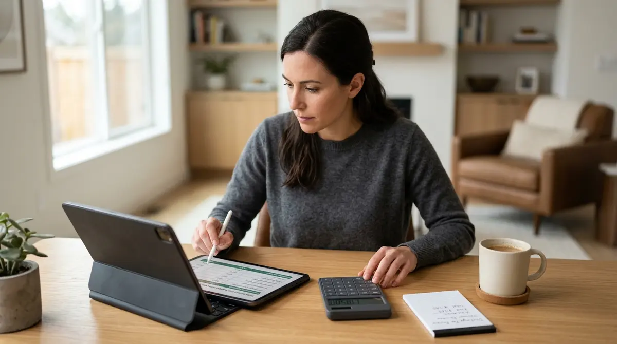 A person reviewing a financial breakdown of mortgage discharge fees on a tablet, with a calculator and coffee cup nearby.