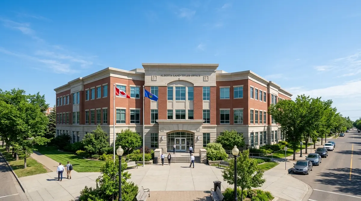 A wide shot of the Alberta Land Titles Office building exterior on a clear sunny day.