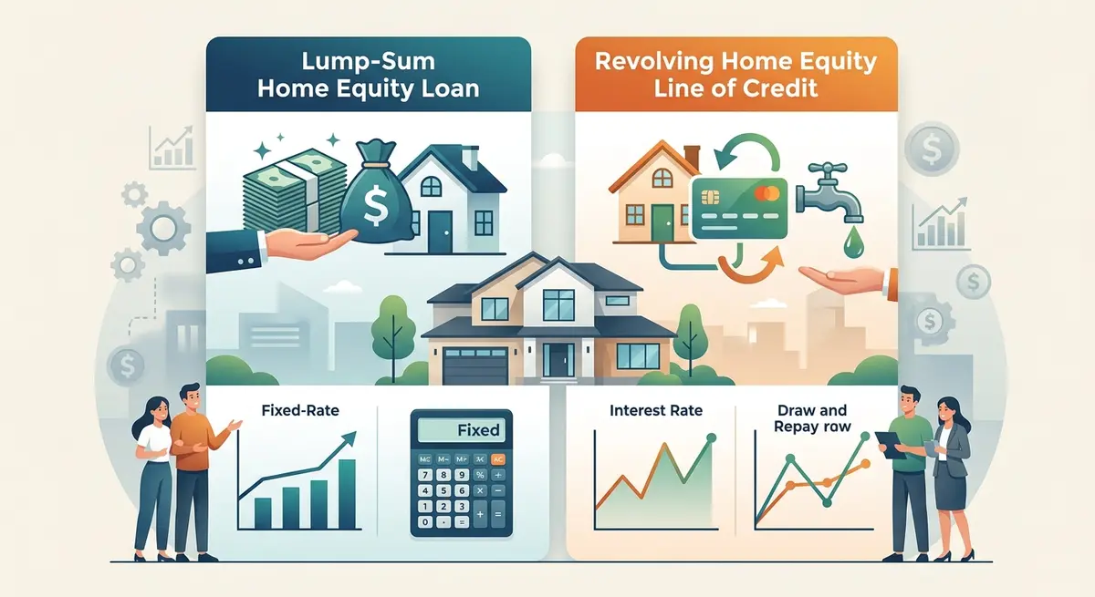 Comparison chart showing the differences between a lump-sum home equity loan and a revolving line of credit