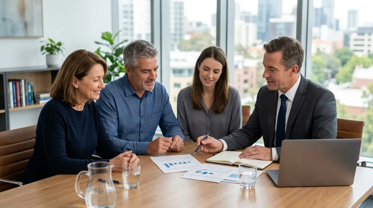 A family consulting with a financial advisor about debt consolidation and secondary property financing