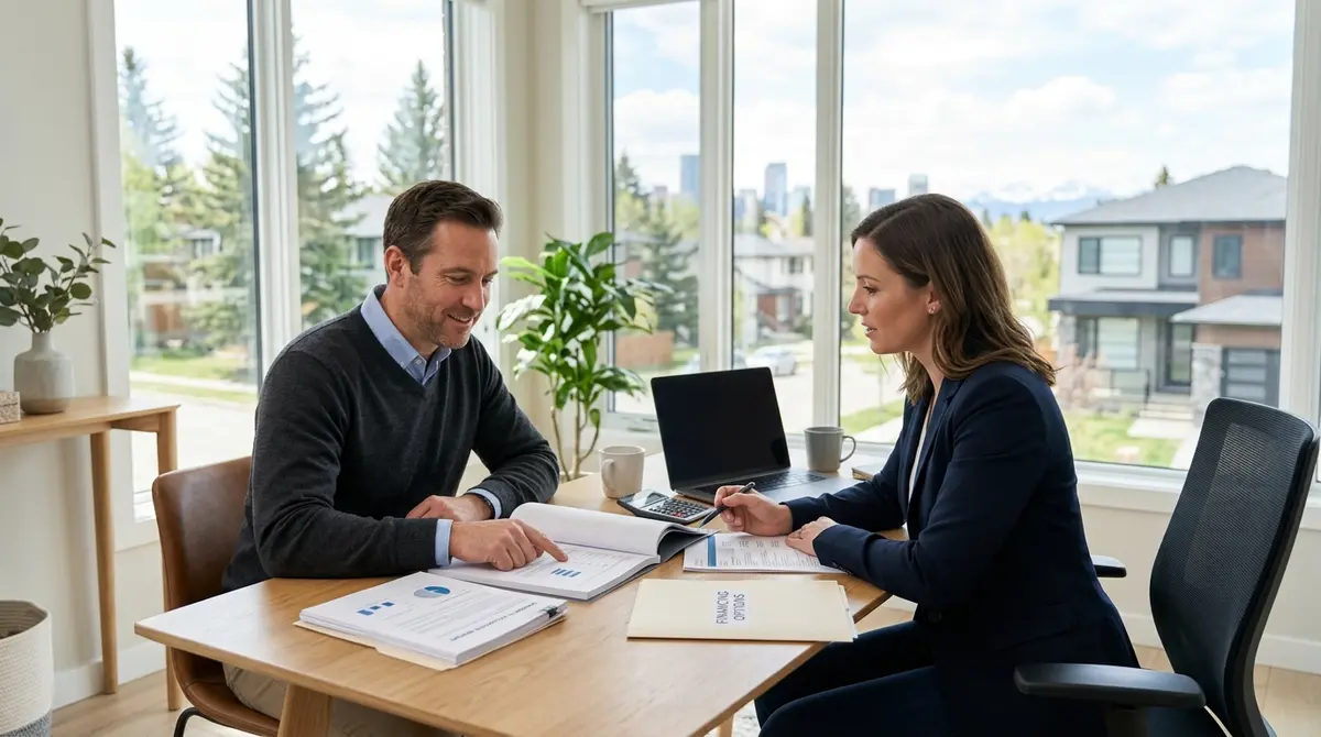 Calgary homeowner reviewing secondary financing documents and property valuation reports with a financial advisor
