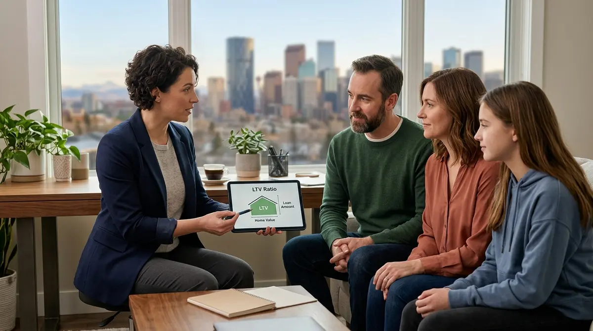 Financial advisor explaining loan-to-value ratios to a Calgary family applying for a home equity loan