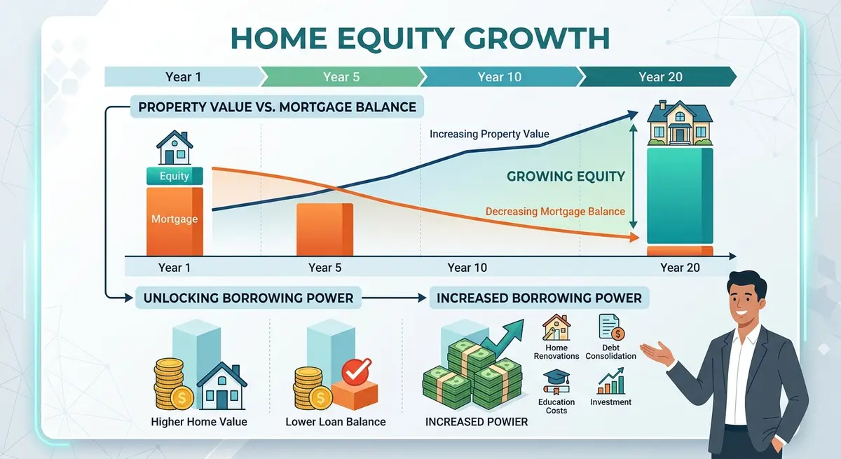 Diagram showing how home equity grows over time and creates borrowing power